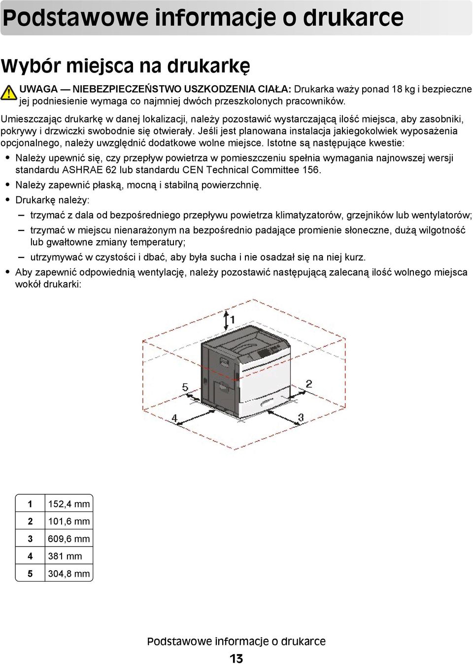 Jeśli jest planowana instalacja jakiegokolwiek wyposażenia opcjonalnego, należy uwzględnić dodatkowe wolne miejsce.