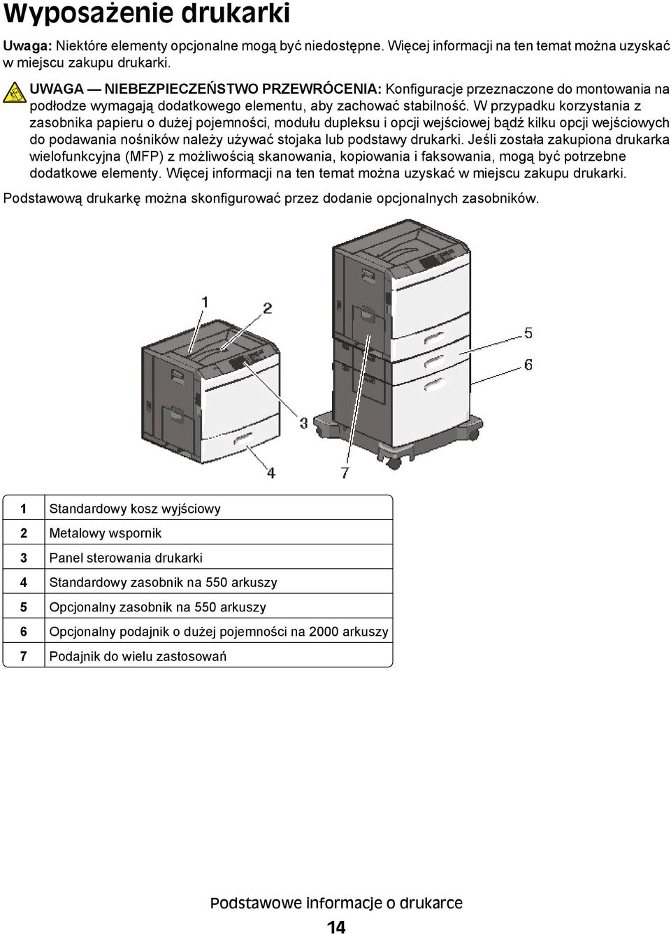 W przypadku korzystania z zasobnika papieru o dużej pojemności, modułu dupleksu i opcji wejściowej bądź kilku opcji wejściowych do podawania nośników należy używać stojaka lub podstawy drukarki.