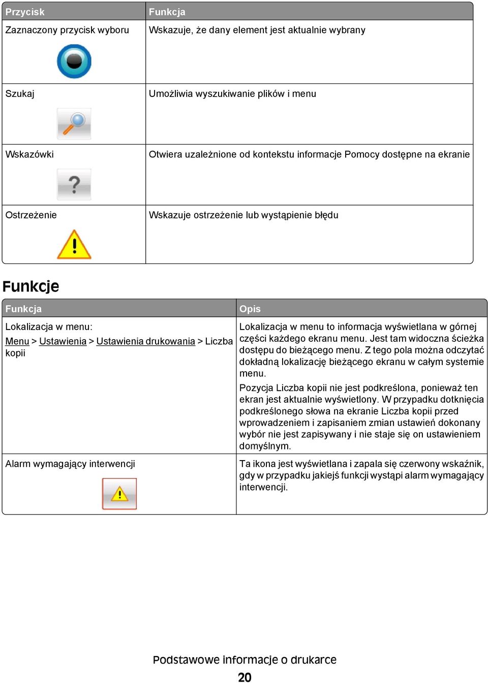 Opis Lokalizacja w menu to informacja wyświetlana w górnej części każdego ekranu menu. Jest tam widoczna ścieżka dostępu do bieżącego menu.