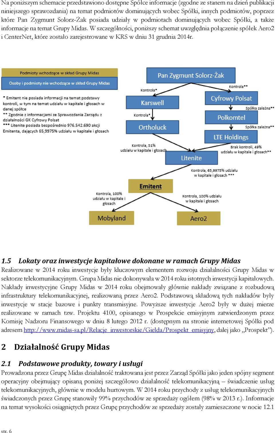 W szczególności, poniższy schemat uwzględnia połączenie spółek Aero2 i CenterNet, które zostało zarejestrowane w KRS w dniu 31 grudnia 2014r. 1.