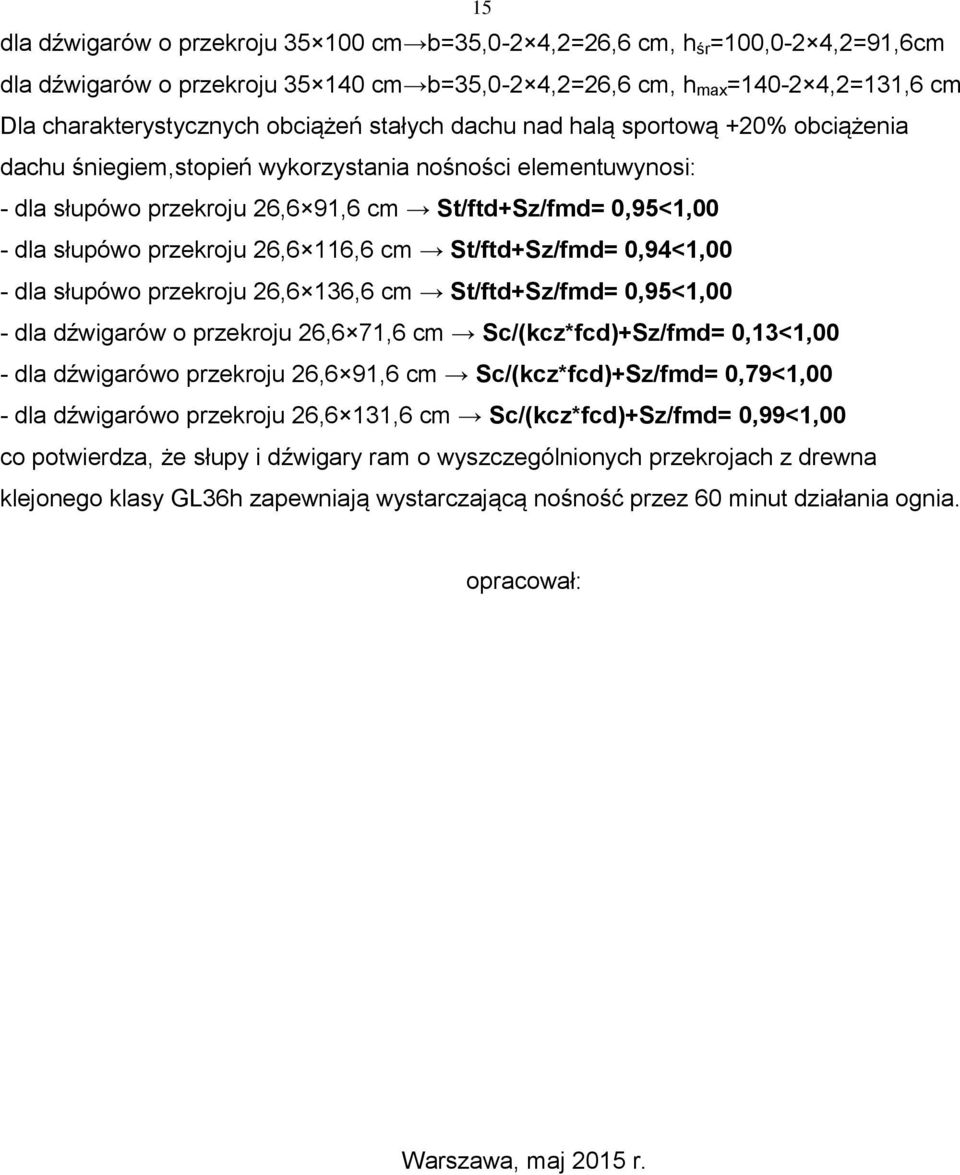 przekroju 26,6 116,6 cm St/ftd+Sz/fmd= 0,94<1,00 - dla słupówo przekroju 26,6 136,6 cm St/ftd+Sz/fmd= 0,95<1,00 - dla dźwigarów o przekroju 26,6 71,6 cm Sc/(kcz*fcd)+Sz/fmd= 0,13<1,00 - dla