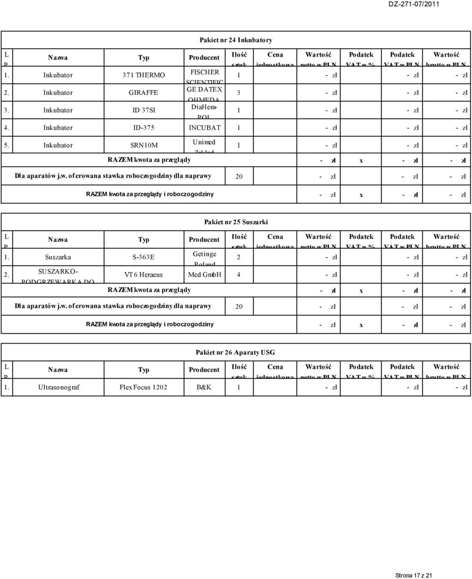 Suszarki w PN VAT w PN brutto w PN 1 Suszarka S-363E Getinge 2 - zł - zł - zł Poland 2 SUSZARKO- VT 6 Heraeus Med GmbH 4 - zł