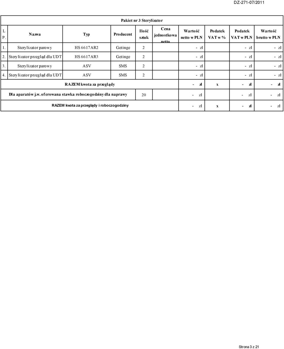 6617AR3 Getinge 2 - zł - zł - zł 3 Sterylizator parowy ASV SMS 2 - zł -