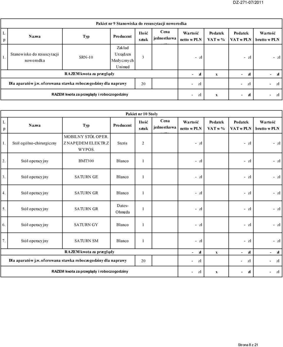 NAPĘDEM EEKTRZ Steris 2 - zł - zł - zł WYPOS 2 Stół operacyjny BMT300 Blanco 3 Stół operacyjny SATURN GE Blanco 4 Stół operacyjny