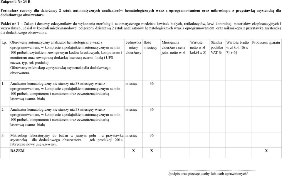 międzynarodowej połączony dzierżawą 2 sztuk analizatorów hematologicznych wraz z oprogramowaniem oraz mikroskopu z przystawką asystencką dla dodatkowego obserwatora. Lp.