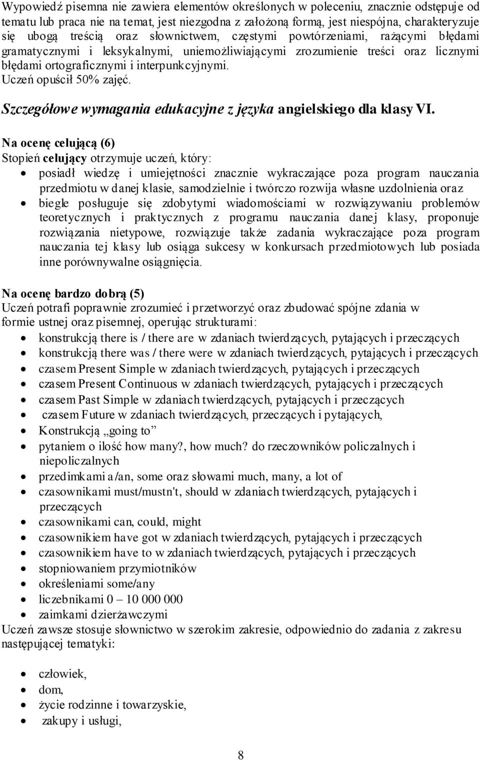 Uczeń opuścił 50% zajęć. Szczegółowe wymagania edukacyjne z języka angielskiego dla klasy VI.