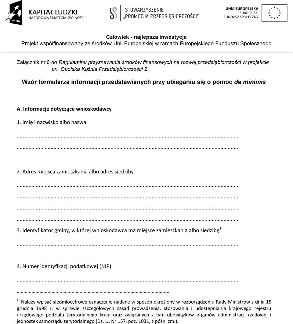 Adres miejsca zamieszkania albo adres siedziby 3. Identyfikator gminy, w której wnioskodawca ma miejsce zamieszkania albo siedzibę 1) 4. Numer identyfikacji podatkowej (NIP).