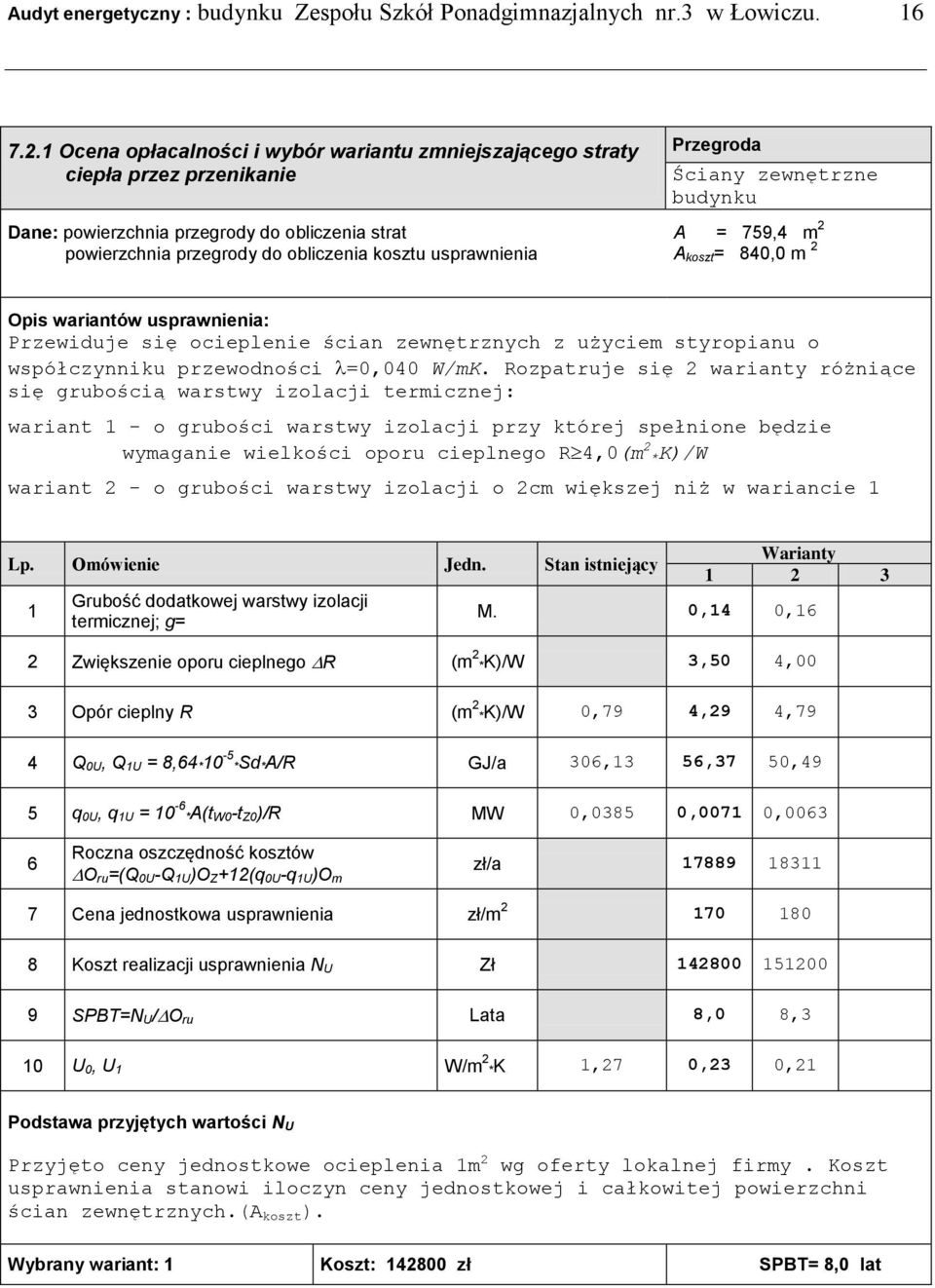 Przegroda Ściany zewnętrzne budynku A = 759,4 m 2 A koszt= 840,0 m 2 Opis wariantów usprawnienia: Przewiduje się ocieplenie ścian zewnętrznych z użyciem styropianu o współczynniku przewodności =0,040