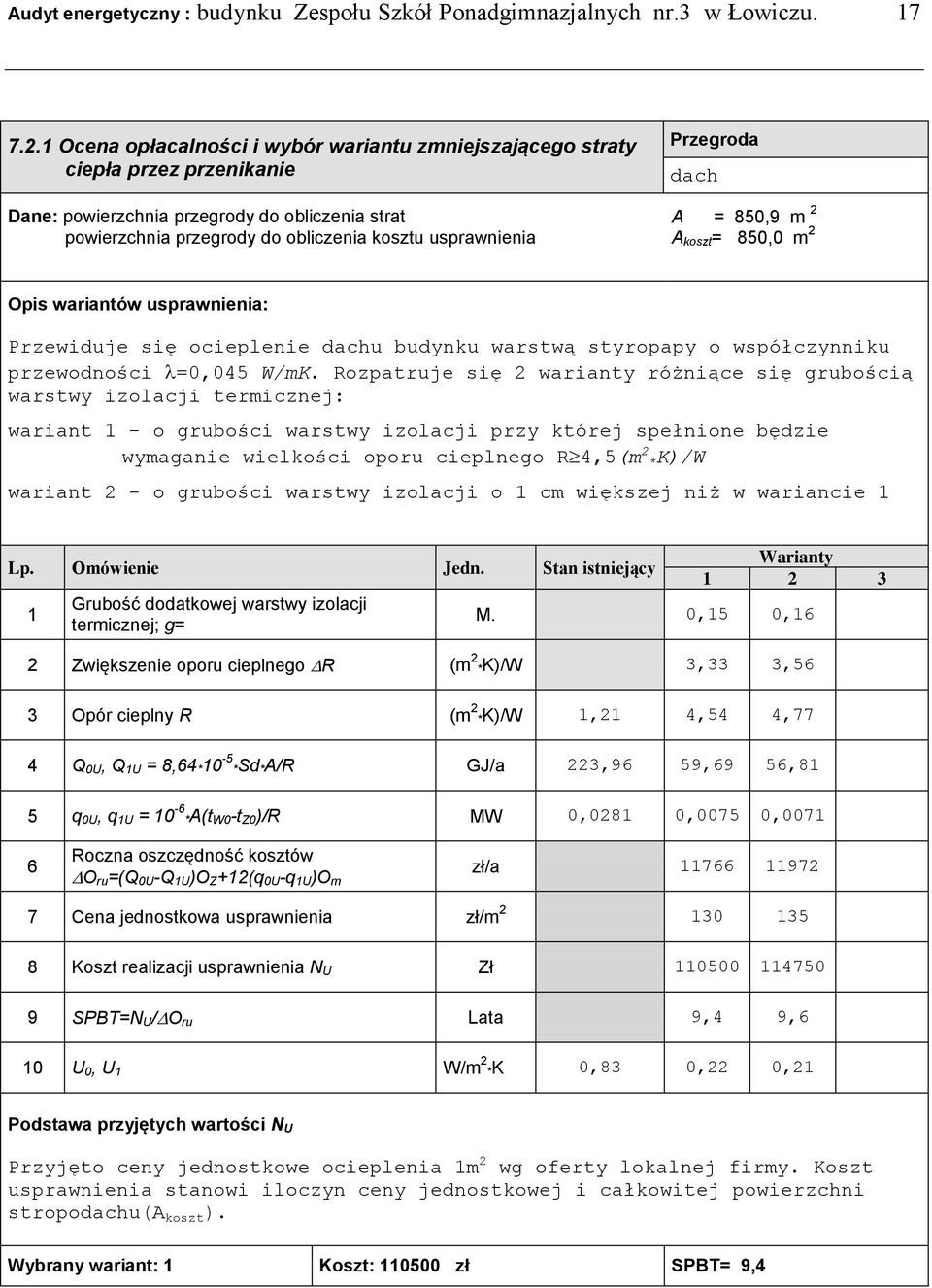 Przegroda dach A = 850,9 m 2 A koszt= 850,0 m 2 Opis wariantów usprawnienia: Przewiduje się ocieplenie dachu budynku warstwą styropapy o współczynniku przewodności =0,045 W/mK.