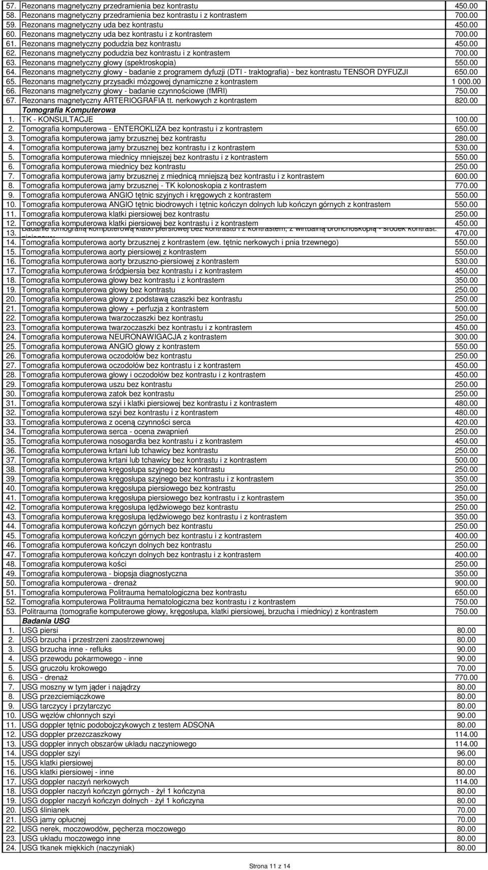 Rezonans magnetyczny głowy (spektroskopia) 550.00 64. Rezonans magnetyczny głowy - badanie z programem dyfuzji (DTI - traktografia) - bez kontrastu TENSOR DYFUZJI 650.00 65.