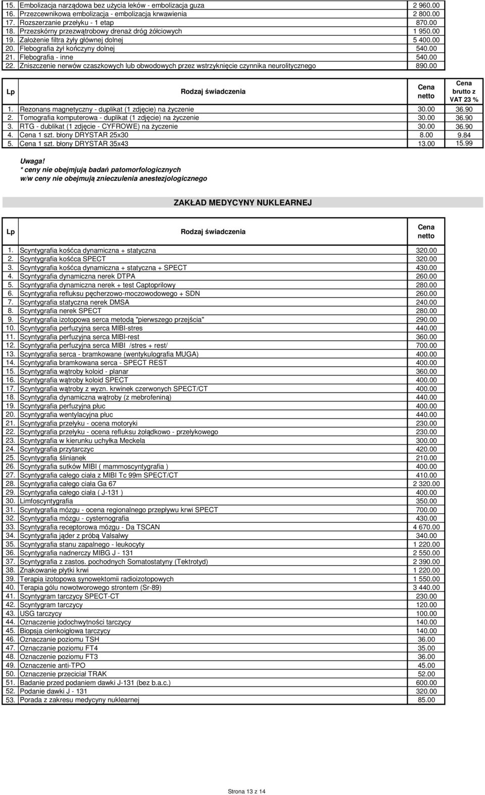 Zniszczenie nerwów czaszkowych lub obwodowych przez wstrzyknięcie czynnika neurolitycznego 890.00 1. Rezonans magnetyczny - duplikat (1 zdjęcie) na życzenie 30.00 36.90 2.