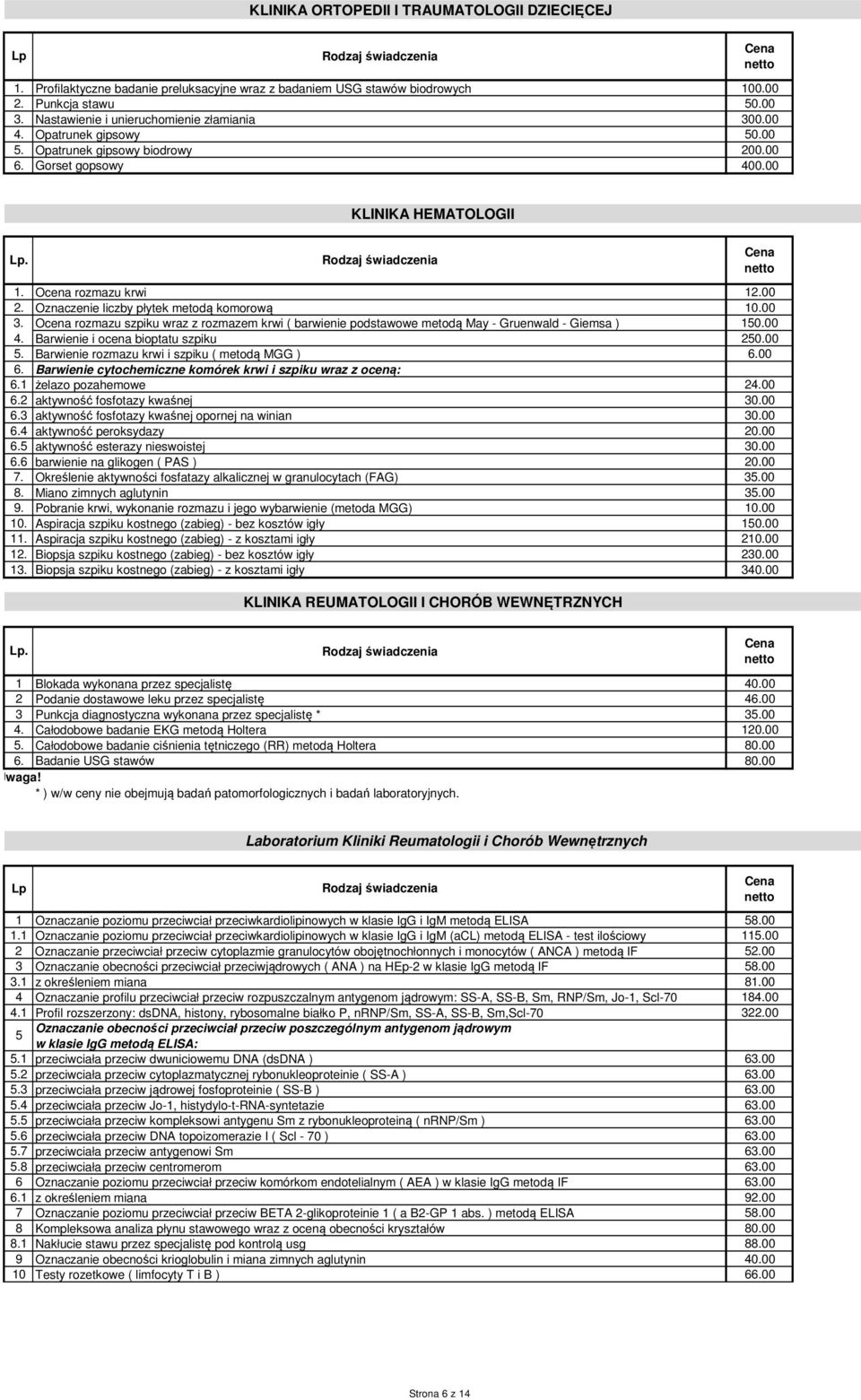 Ocena rozmazu szpiku wraz z rozmazem krwi ( barwienie podstawowe metodą May - Gruenwald - Giemsa ) 150.00 4. Barwienie i ocena bioptatu szpiku 250.00 5.