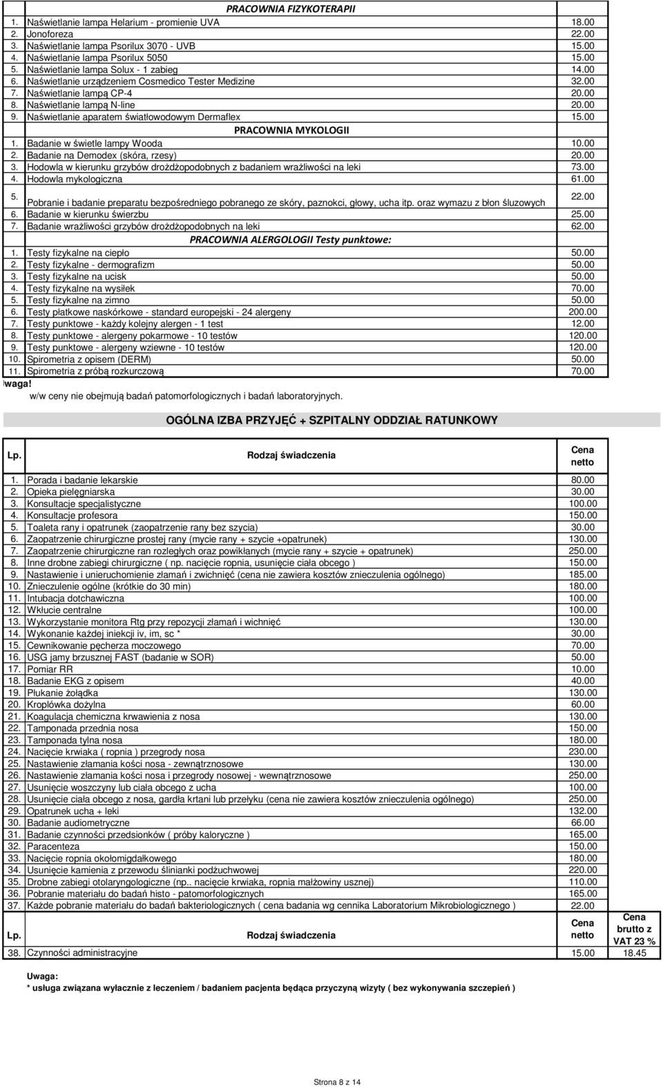 Naświetlanie aparatem światłowodowym Dermaflex 15.00 PRACOWNIA MYKOLOGII 1. Badanie w świetle lampy Wooda 10.00 2. Badanie na Demodex (skóra, rzesy) 20.00 3.