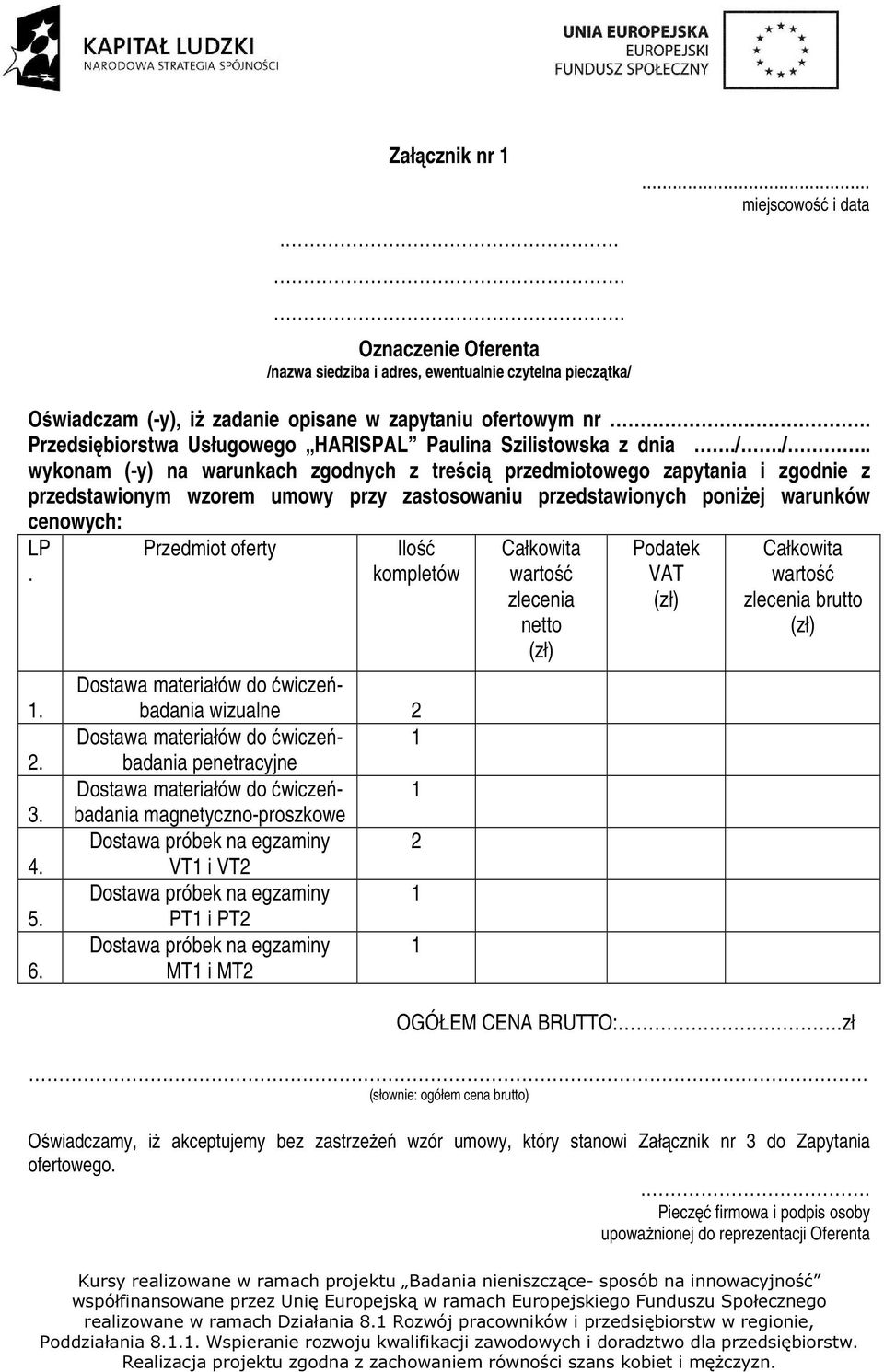 /.. wykonam (-y) na warunkach zgodnych z treścią przedmiotowego zapytania i zgodnie z przedstawionym wzorem umowy przy zastosowaniu przedstawionych poniżej warunków cenowych: LP. 1. 2. 3. 4. 5. 6.