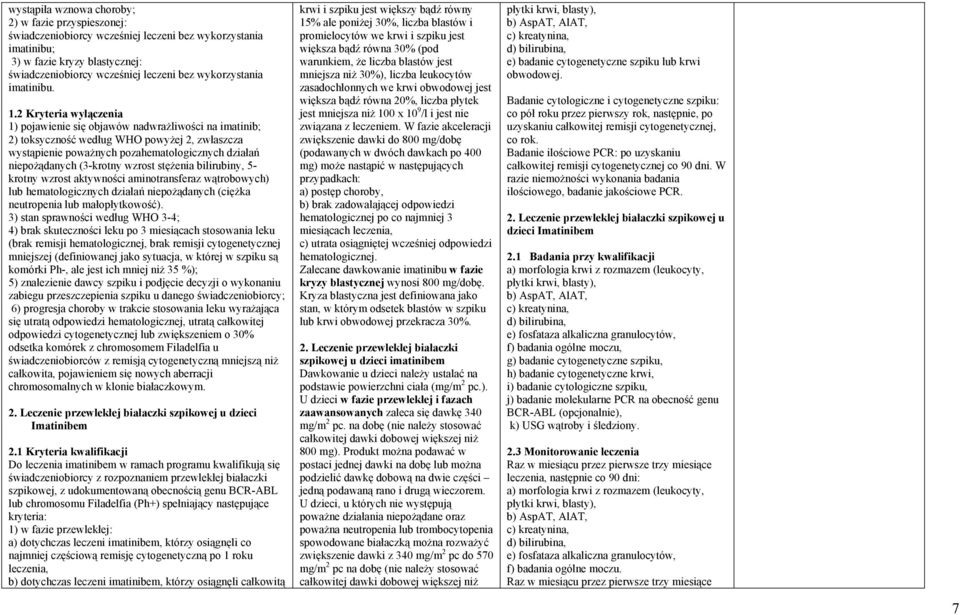 2 Kryteria wyłączenia 1) pojawienie się objawów nadwrażliwości na imatinib; 2) toksyczność według WHO powyżej 2, zwłaszcza wystąpienie poważnych pozahematologicznych działań niepożądanych (3-krotny