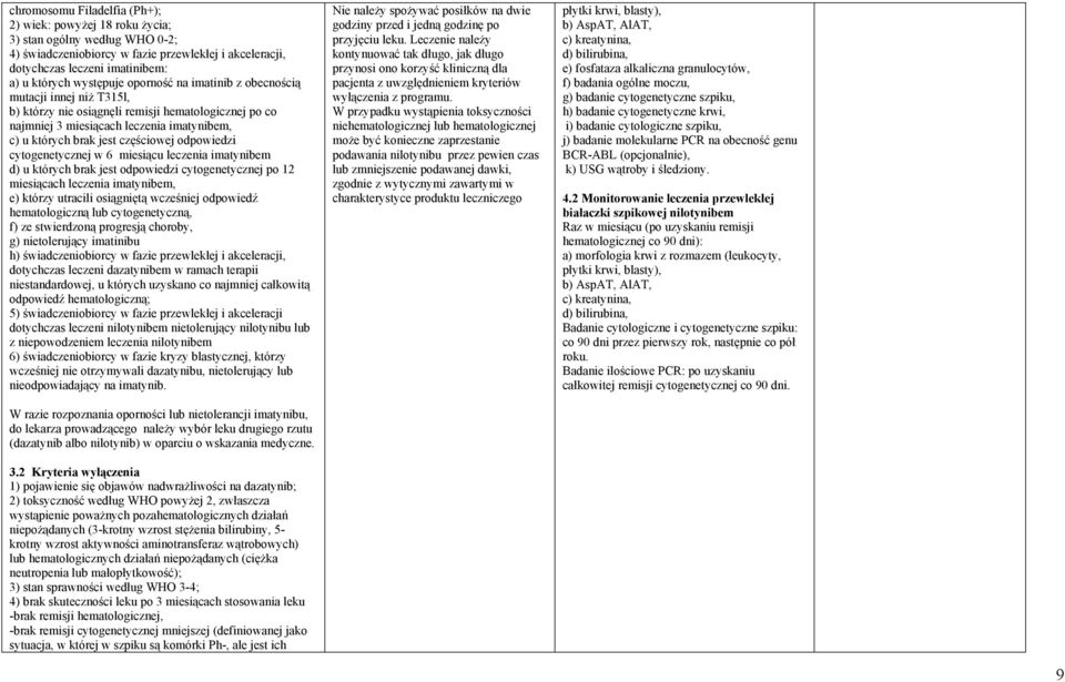 odpowiedzi cytogenetycznej w 6 miesiącu leczenia imatynibem d) u których brak jest odpowiedzi cytogenetycznej po 12 miesiącach leczenia imatynibem, e) którzy utracili osiągniętą wcześniej odpowiedź