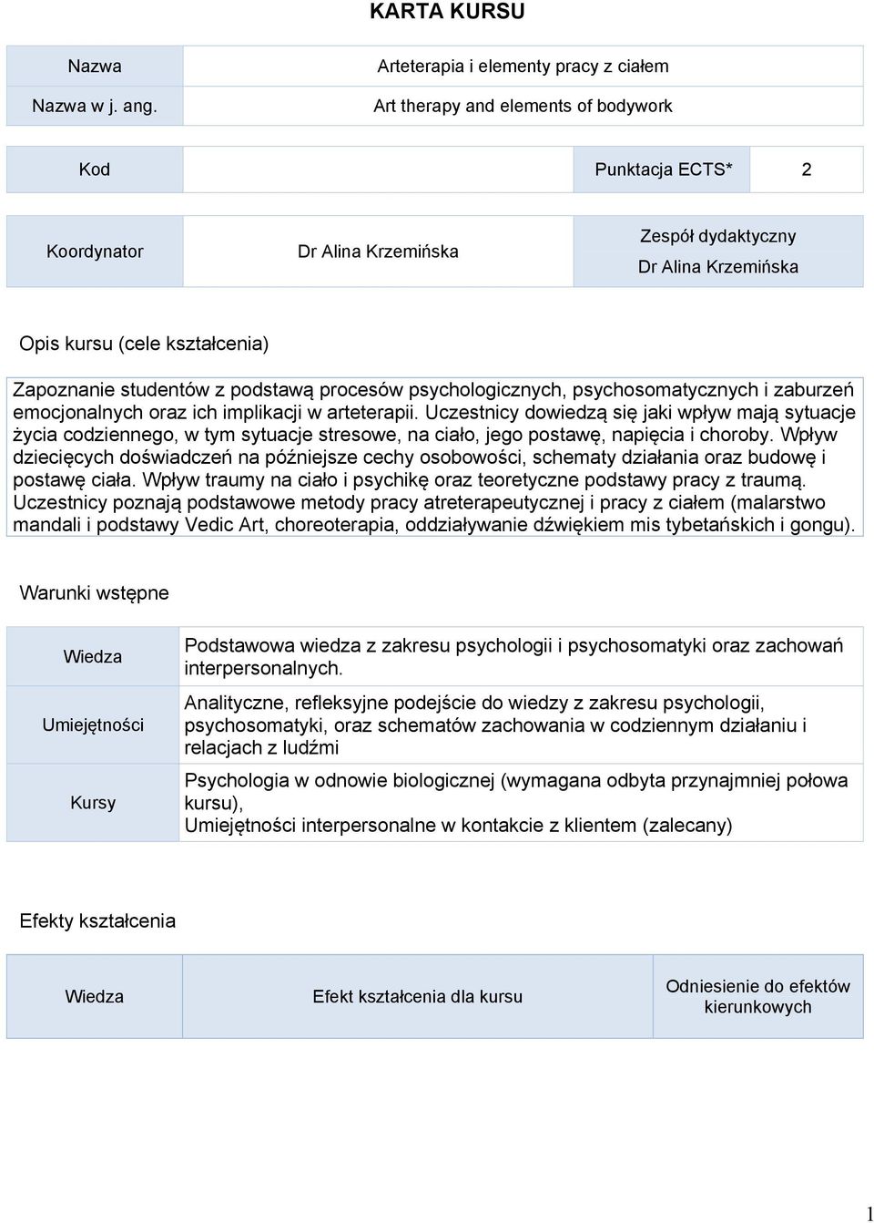 Zapoznanie studentów z podstawą procesów psychologicznych, psychosomatycznych i zaburzeń emocjonalnych oraz ich implikacji w arteterapii.