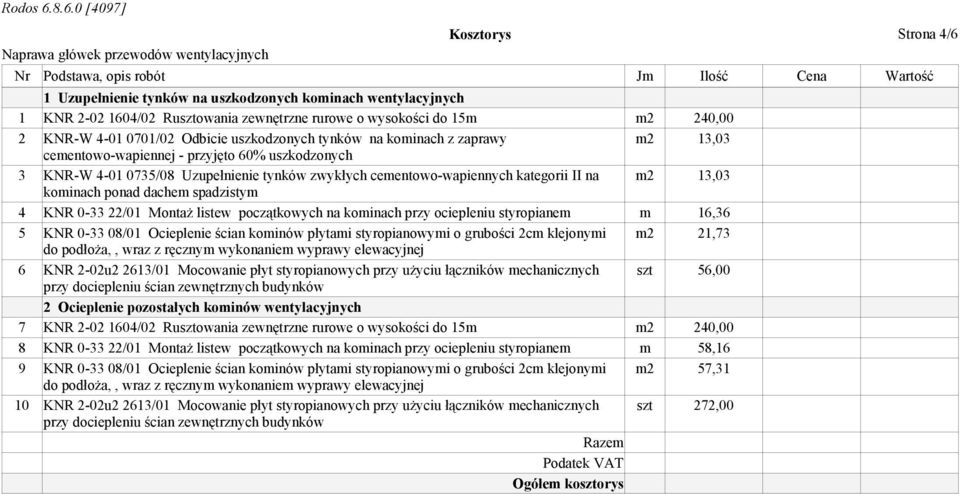 cementowo-wapiennych kategorii II na m2 13,03 kominach ponad dachem spadzistym 4 KNR 0-33 22/01 Montaż listew początkowych na kominach przy ociepleniu styropianem m 16,36 5 KNR 0-33 08/01 Ocieplenie