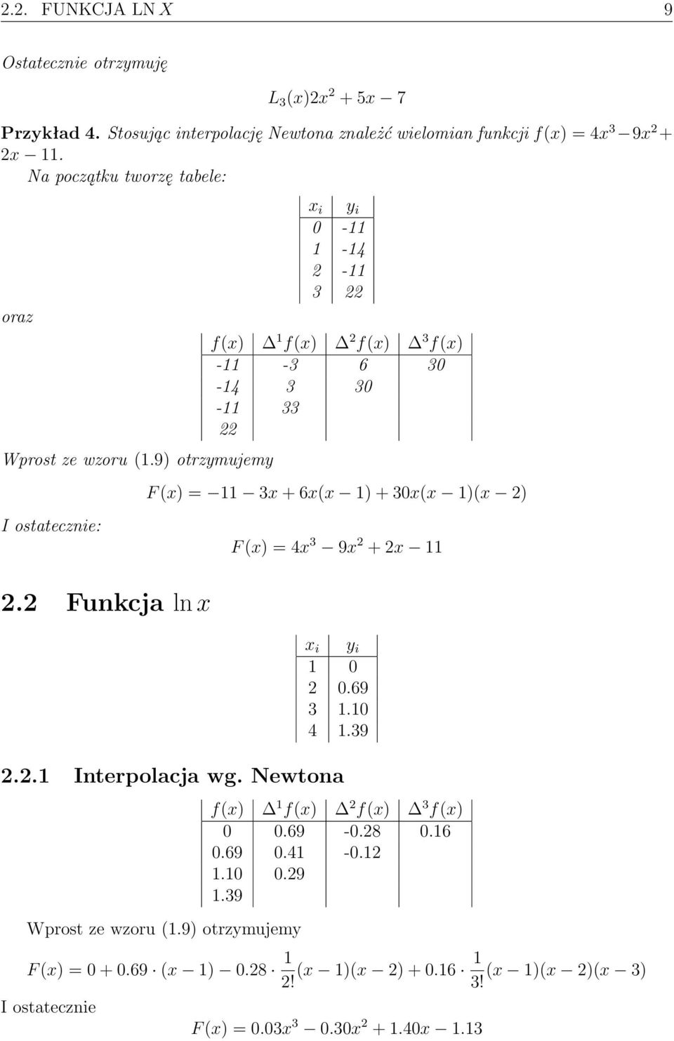 9) otrzymujemy I ostatecznie: x i y i 0-11 1-14 2-11 3 22 f(x) 1 f(x) 2 f(x) 3 f(x) -11-3 6 30-14 3 30-11 33 22 F (x) = 11 3x + 6x(x 1) + 30x(x 1)(x 2) F (x) = 4x 3 9x 2