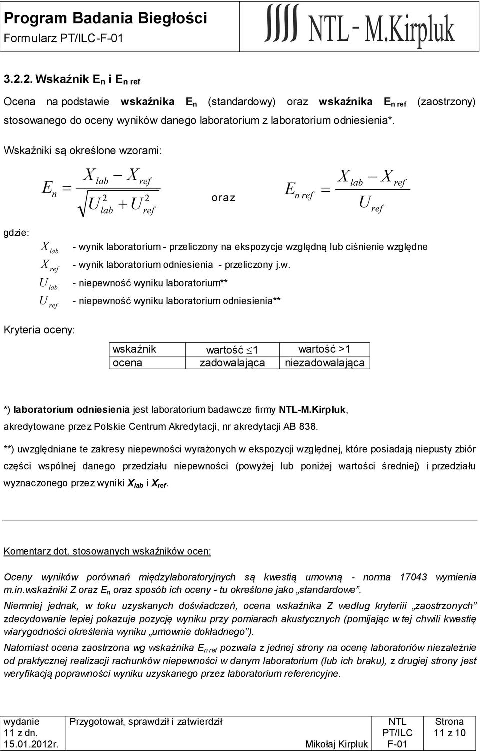 laboratorium odniesienia - przeliczony j.w.