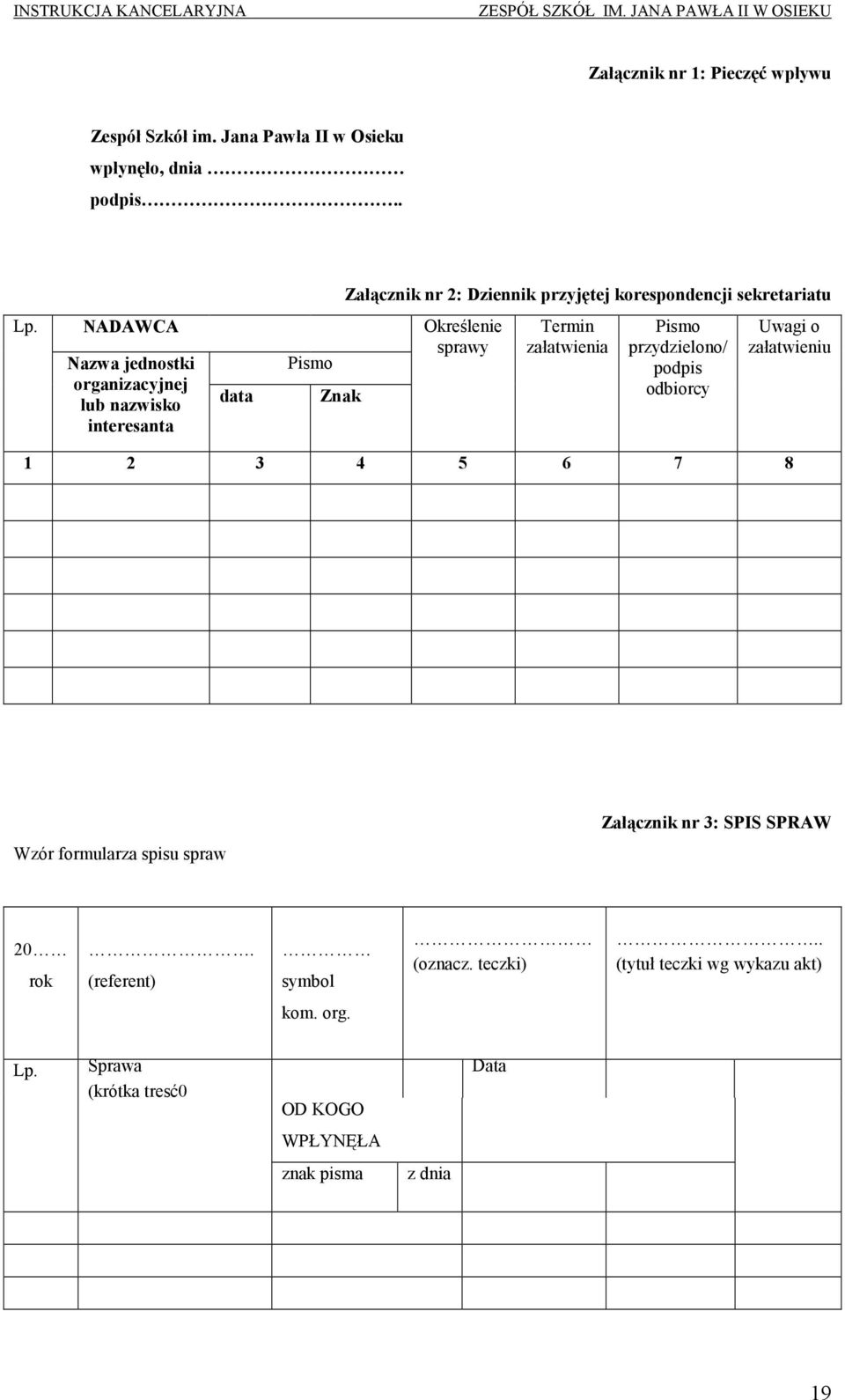 NADAWCA Nazwa jednostki organizacyjnej lub nazwisko interesanta data Pismo Znak Określenie sprawy Termin załatwienia Pismo przydzielono/