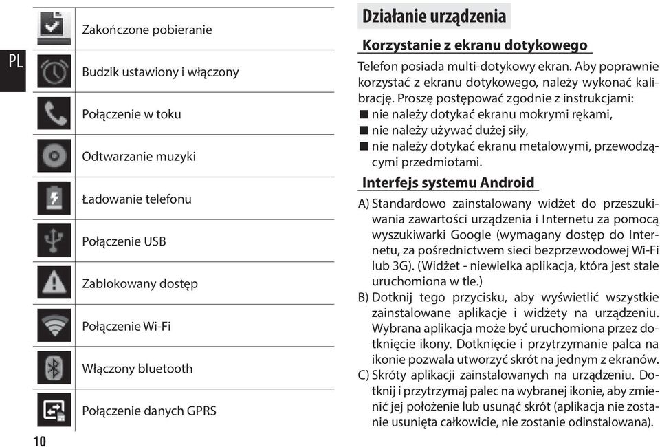 Proszę postępować zgodnie z instrukcjami: nie należy dotykać ekranu mokrymi rękami, nie należy używać dużej siły, nie należy dotykać ekranu metalowymi, przewodzącymi przedmiotami.