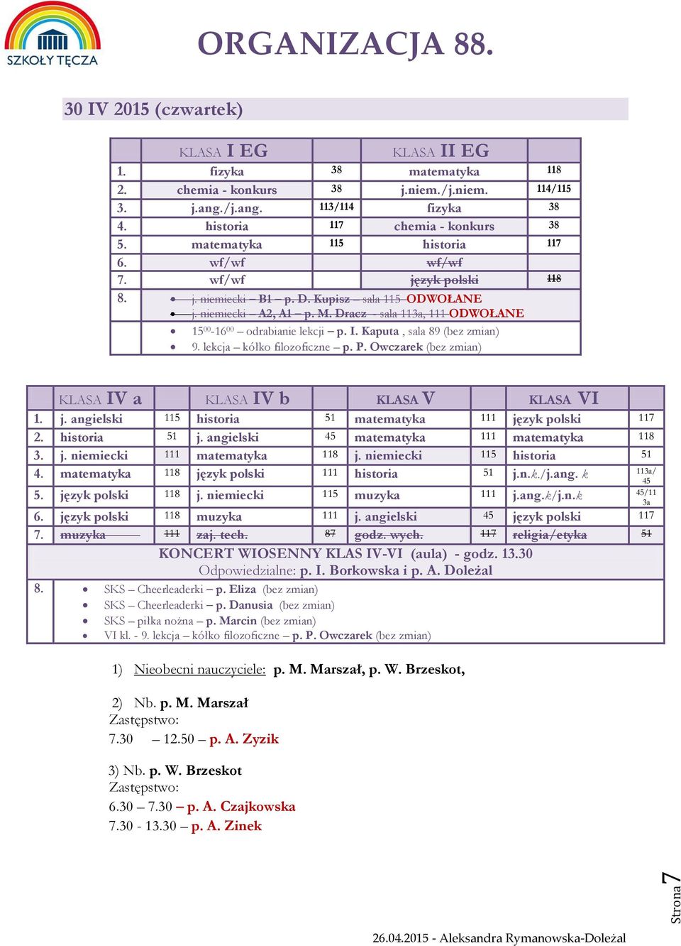 Dracz - sala 113a, 111 ODWOŁANE 15 00-16 00 odrabianie lekcji p. I. Kaputa, sala 89 (bez zmian) 9. lekcja kółko filozoficzne p. P. Owczarek (bez zmian) KLASA IV a KLASA IV b KLASA V KLASA VI 1. j.