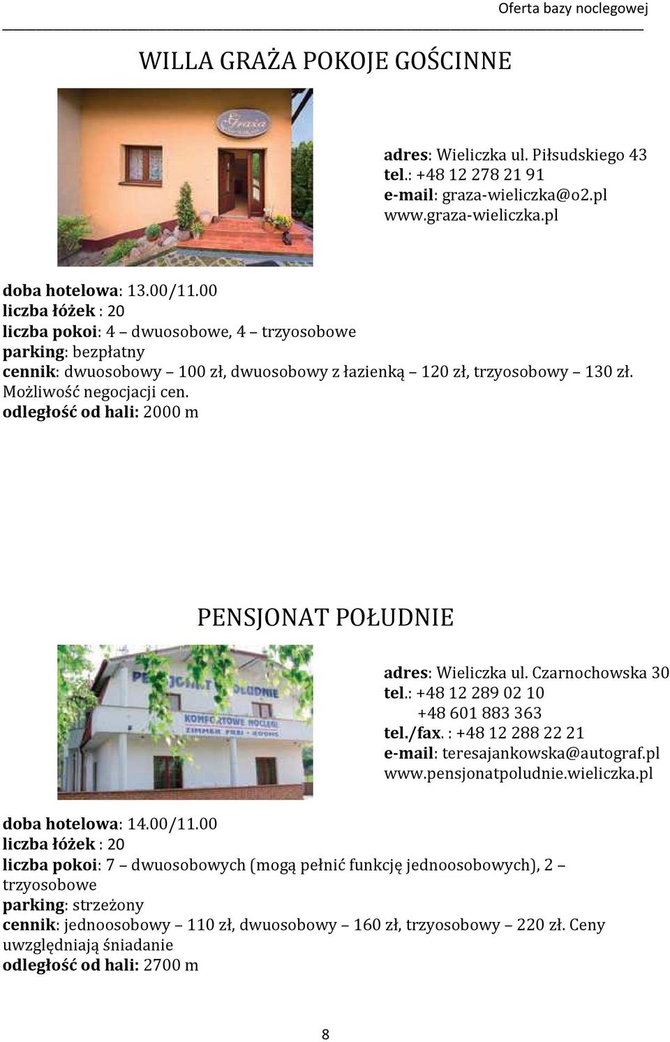 odległość od hali: 2000 m PENSJONAT POŁUDNIE adres: Wieliczka ul. Czarnochowska 30 tel.: +48 12 289 02 10 +48 601 883 363 tel./fax. : +48 12 288 22 21 e-mail: teresajankowska@autograf.pl www.