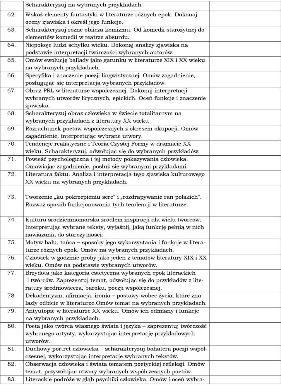 Omów ewolucję ballady jako gatunku w literaturze XIX i XX wieku na wybranych 66. Specyfika i znaczenie poezji lingwistycznej. Omów zagadnienie, posługując się interpretacją wybranych przykładów. 67.