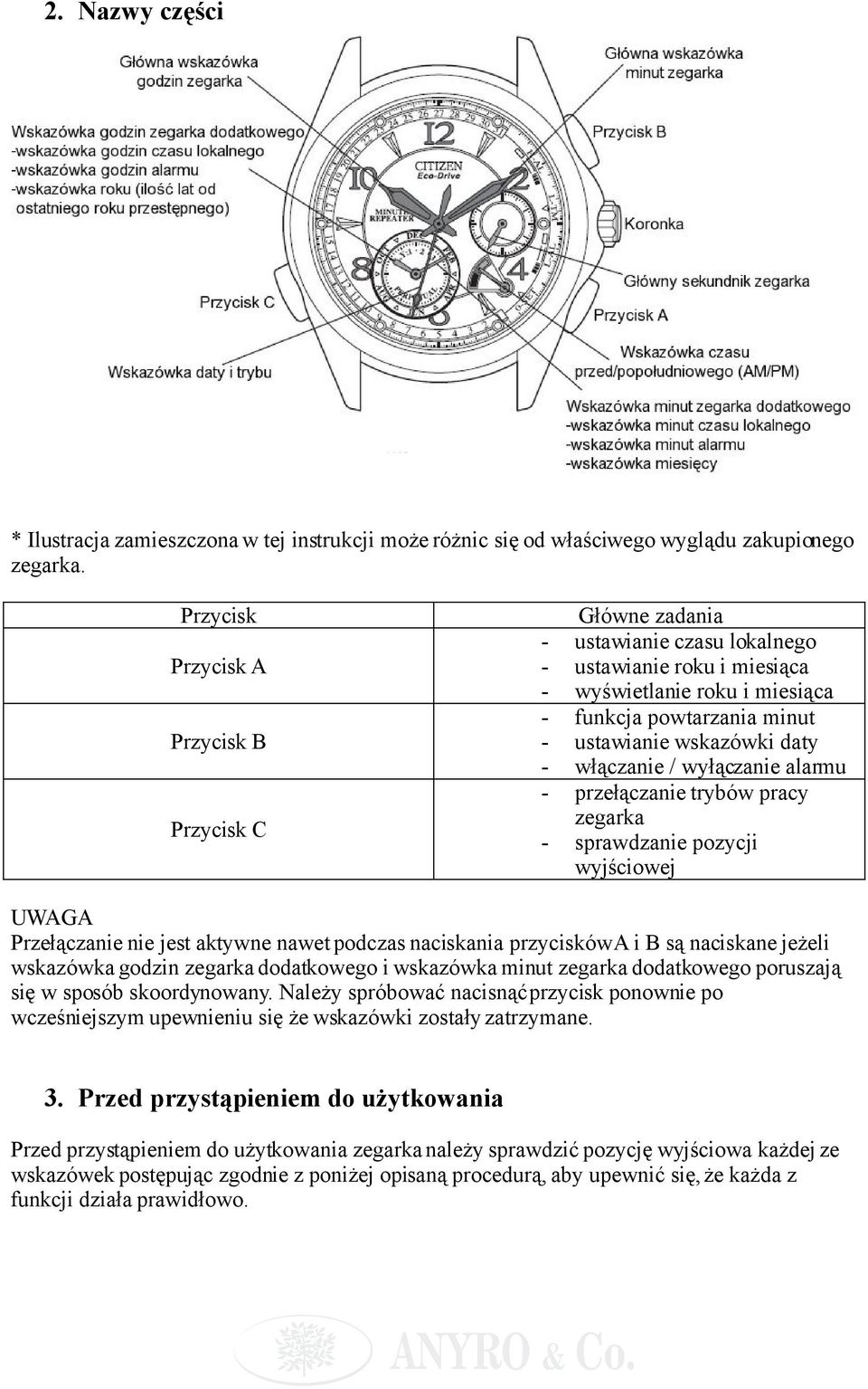 daty - włączanie / wyłączanie alarmu - przełączanie trybów pracy zegarka - sprawdzanie pozycji wyjściowej UWAGA Przełączanie nie jest aktywne nawet podczas naciskania przycisków A i B są naciskane