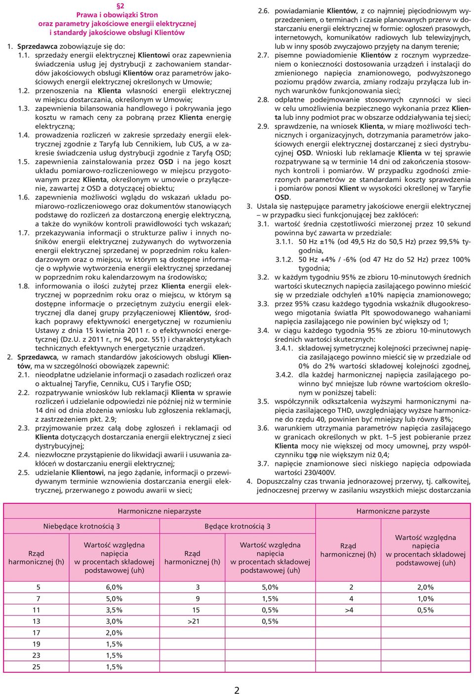 1. sprzedaży energii elektrycznej Klientowi oraz zapewnienia świadczenia usług jej dystrybucji z zachowaniem standardów jakościowych obsługi Klientów oraz parametrów jakościowych energii elektrycznej
