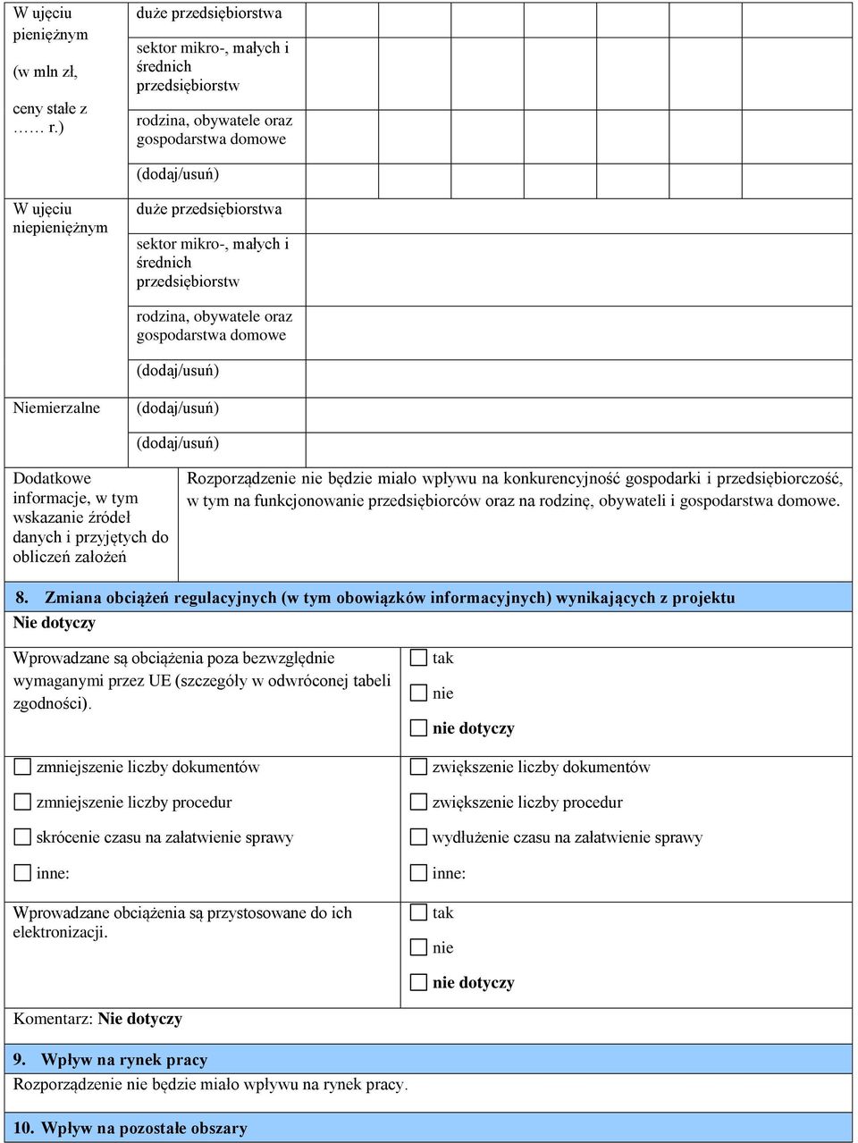 średnich przedsiębiorstw rodzina, obywatele oraz gospodarstwa domowe (dodaj/usuń) Niemierzalne (dodaj/usuń) (dodaj/usuń) Dodatkowe informacje, w tym wskazanie źródeł danych i przyjętych do obliczeń