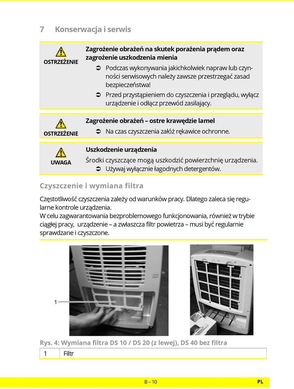 OSTRZEŻENIE UWAGA Zagrożenie obrażeń ostre krawędzie lamel Na czas czyszczenia załóż rękawice ochronne. Uszkodzenie urządzenia Środki czyszczące mogą uszkodzić powierzchnię urządzenia.