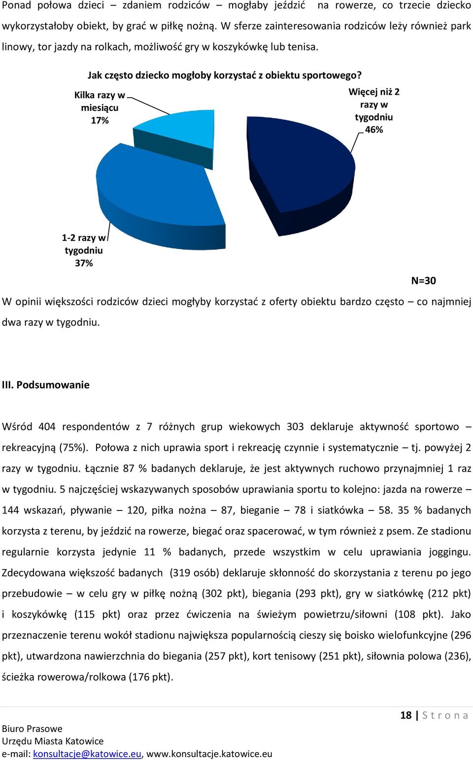 Kilka razy w miesiącu 7% Więcej niż 2 razy w tygodniu 46% -2 razy w tygodniu 37% N=30 W opinii większości rodziców dzieci mogłyby korzystać z oferty obiektu bardzo często co najmniej dwa razy w