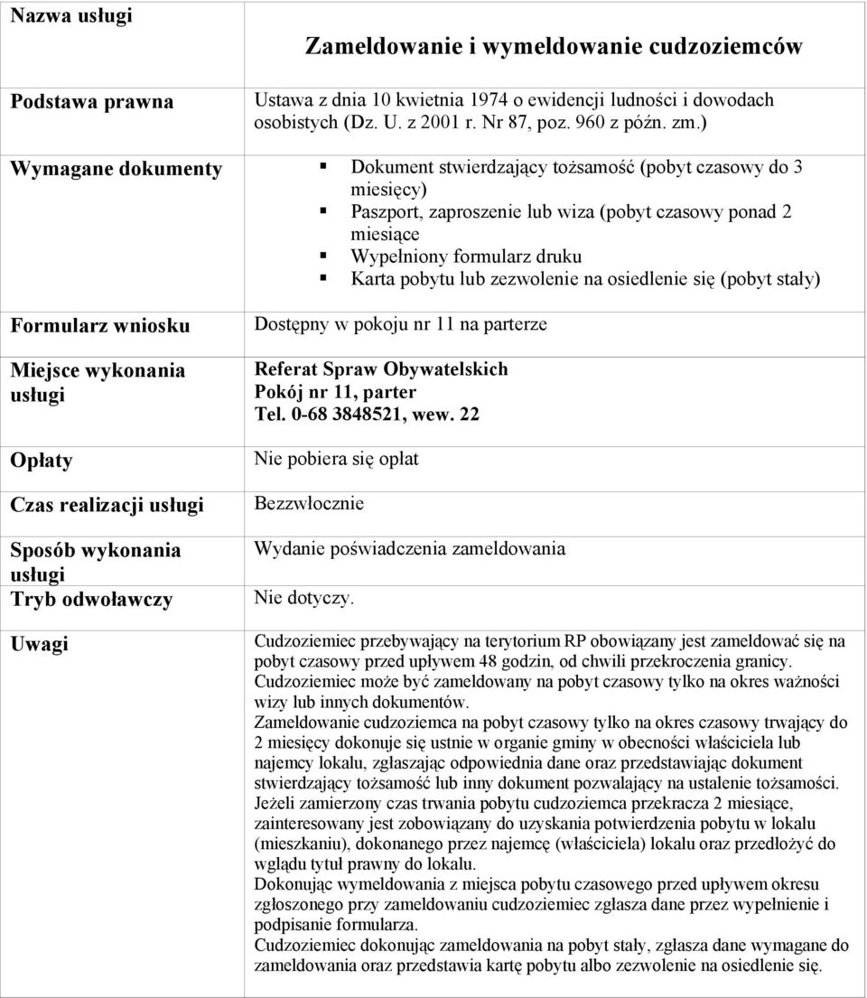 zezwolenie na osiedlenie się (pobyt stały) Opłaty Czas realizacji Dostępny w pokoju nr 11 na parterze Referat Spraw Obywatelskich Pokój nr 11, parter Tel. 0-68 3848521, wew.