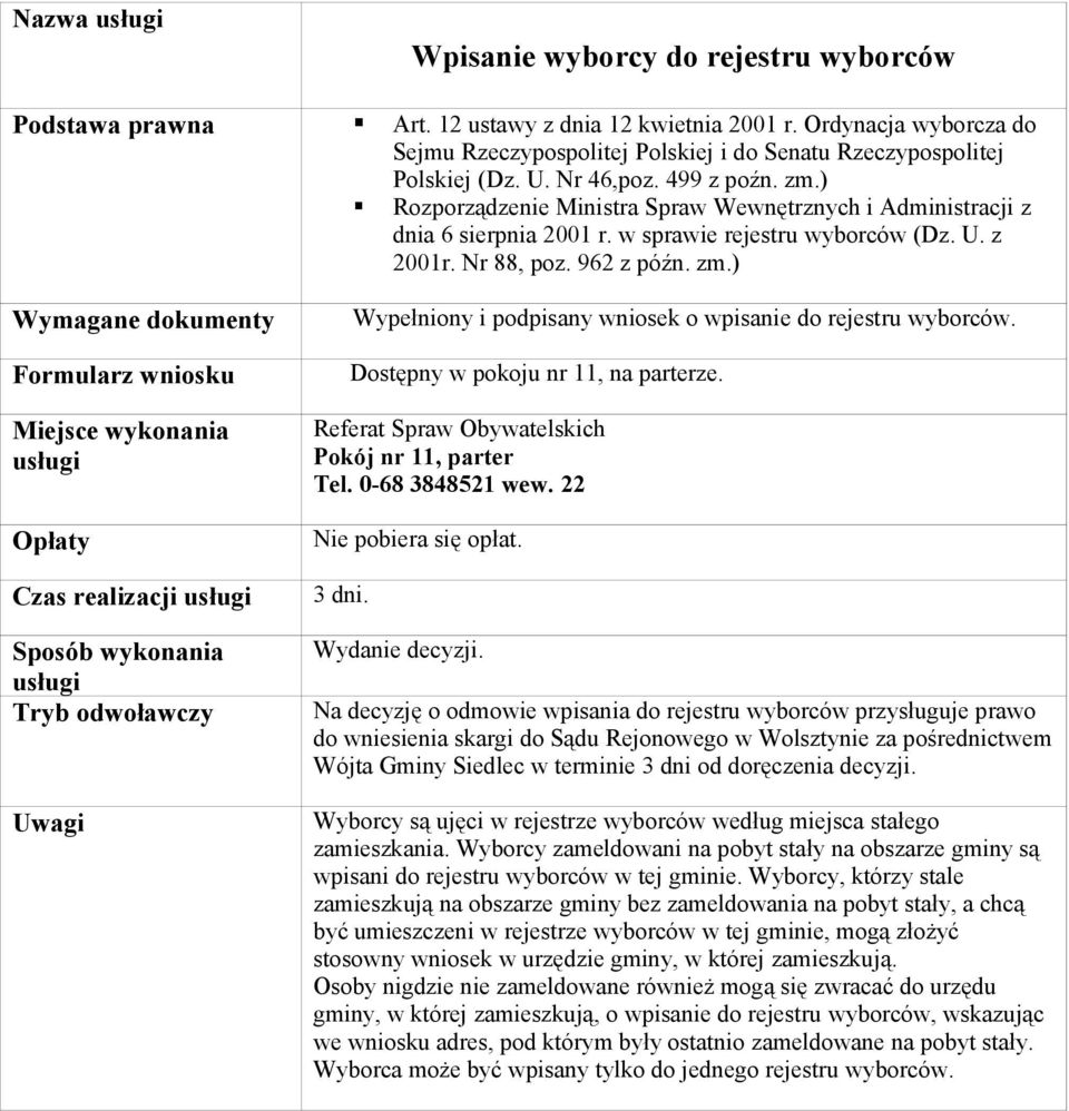 Dostępny w pokoju nr 11, na parterze. Opłaty Czas realizacji Referat Spraw Obywatelskich Pokój nr 11, parter Tel. 0-68 3848521 wew. 22 Nie pobiera się opłat. 3 dni. Wydanie decyzji.