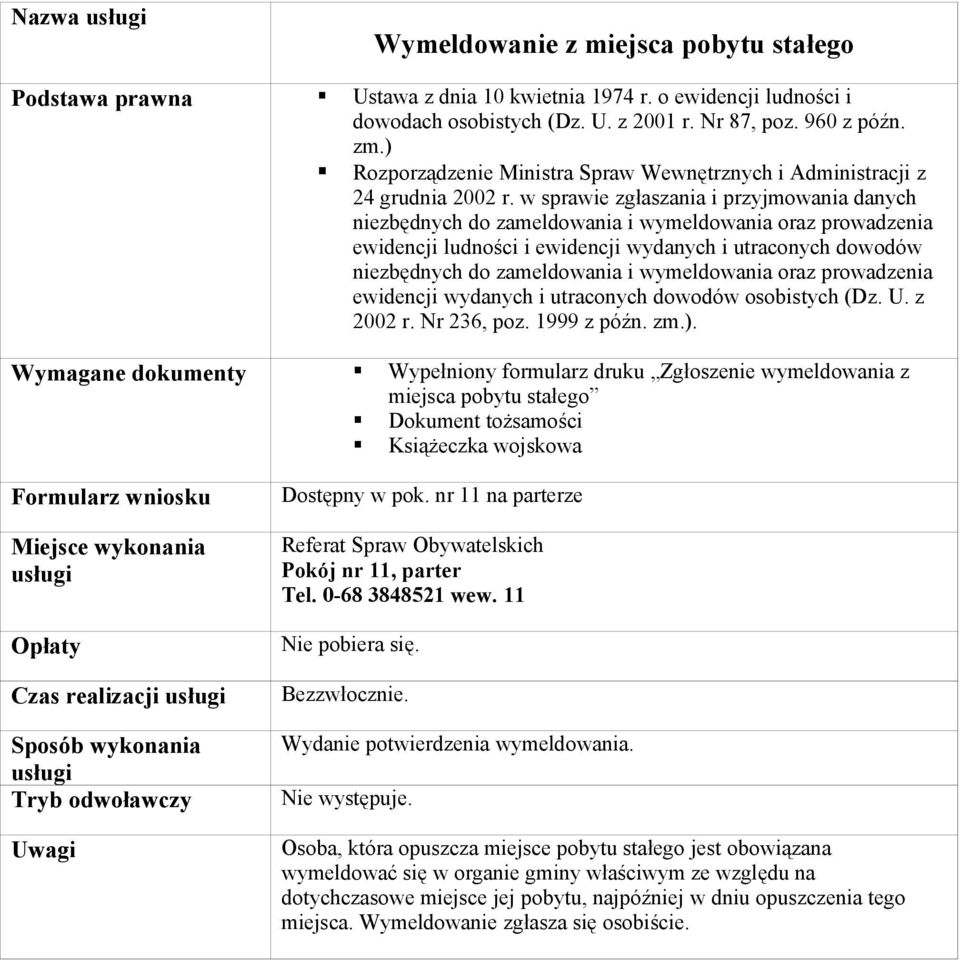 w sprawie zgłaszania i przyjmowania danych niezbędnych do zameldowania i wymeldowania oraz prowadzenia ewidencji ludności i ewidencji wydanych i utraconych dowodów niezbędnych do zameldowania i