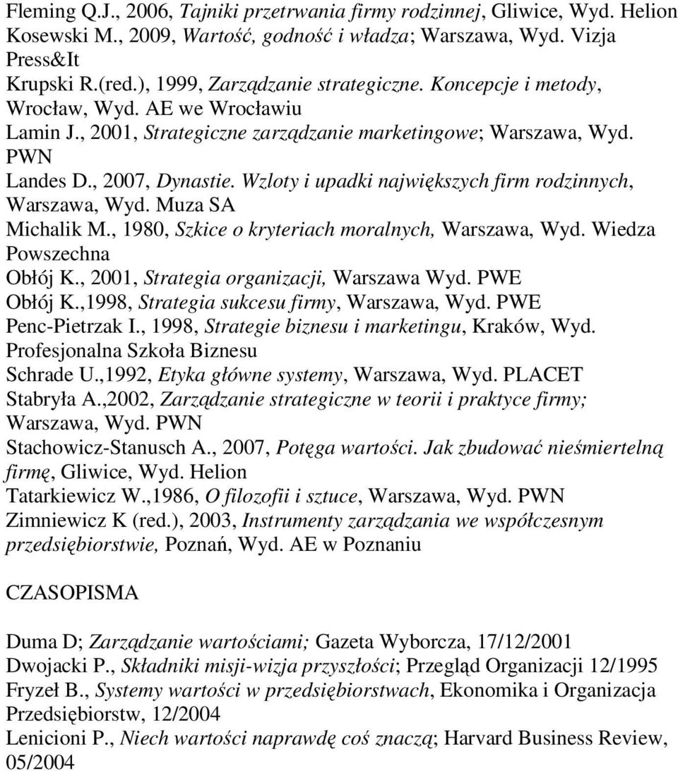 Wzloty i upadki największych firm rodzinnych, Warszawa, Wyd. Muza SA Michalik M., 1980, Szkice o kryteriach moralnych, Warszawa, Wyd. Wiedza Powszechna Obłój K.