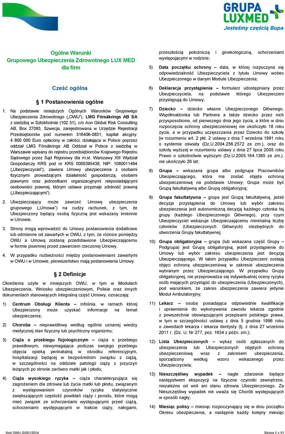 zarejestrowana w Urzędzie Rejestracji Przedsiębiorstw pod numerem 516406-0831, kapitał akcyjny: 4 800 000 Euro opłacony w całości, działająca w Polsce poprzez oddział LMG Försäkrings AB Oddział w