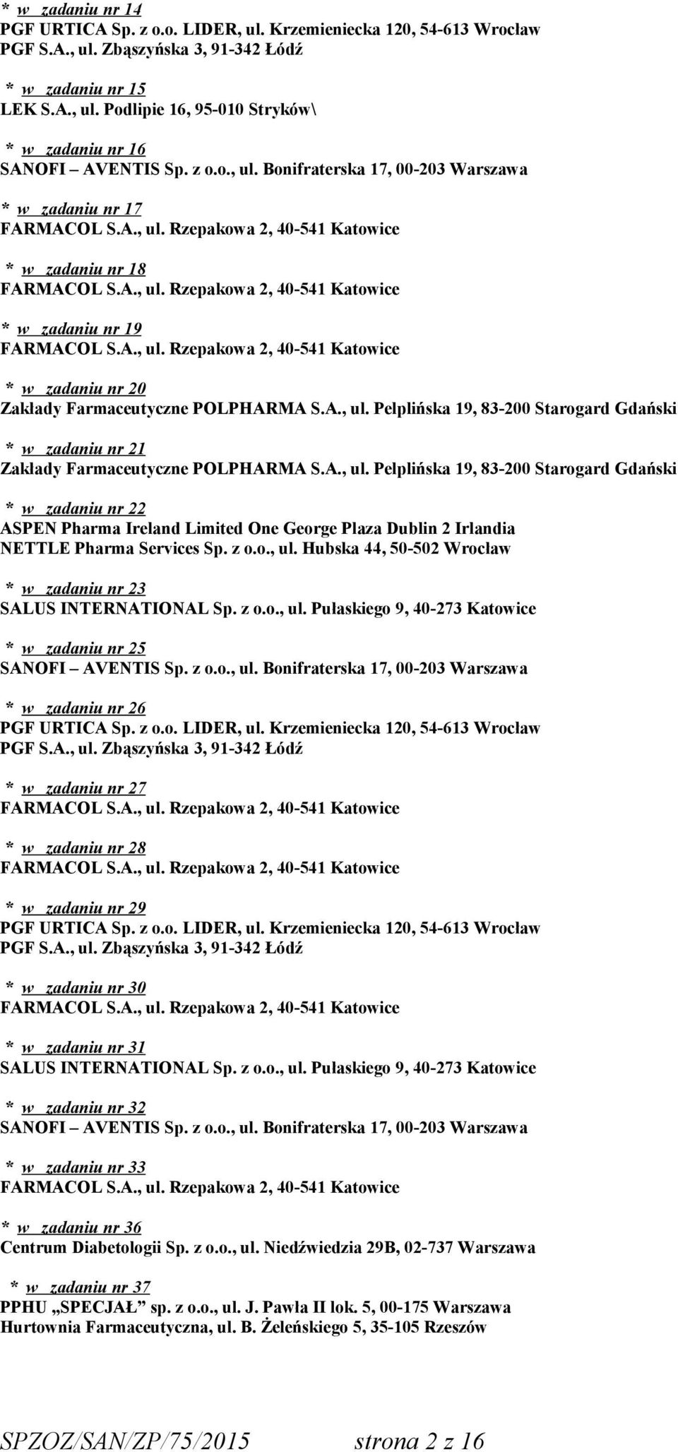 Pelplińska 19, 83-200 Starogard Gdański * w zadaniu nr 21 Zakłady Farmaceutyczne POLPHARMA S.A., ul.