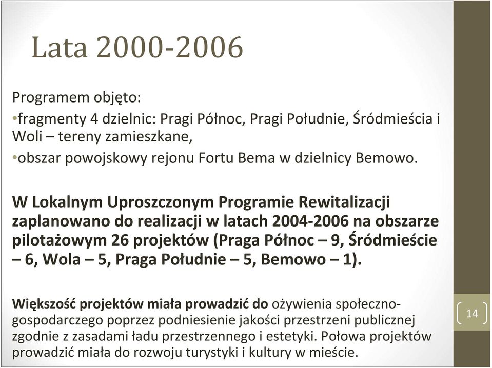 W Lokalnym Uproszczonym Programie Rewitalizacji zaplanowano do realizacji w latach 2004-2006 na obszarze pilotażowym 26 projektów (Praga Północ 9,