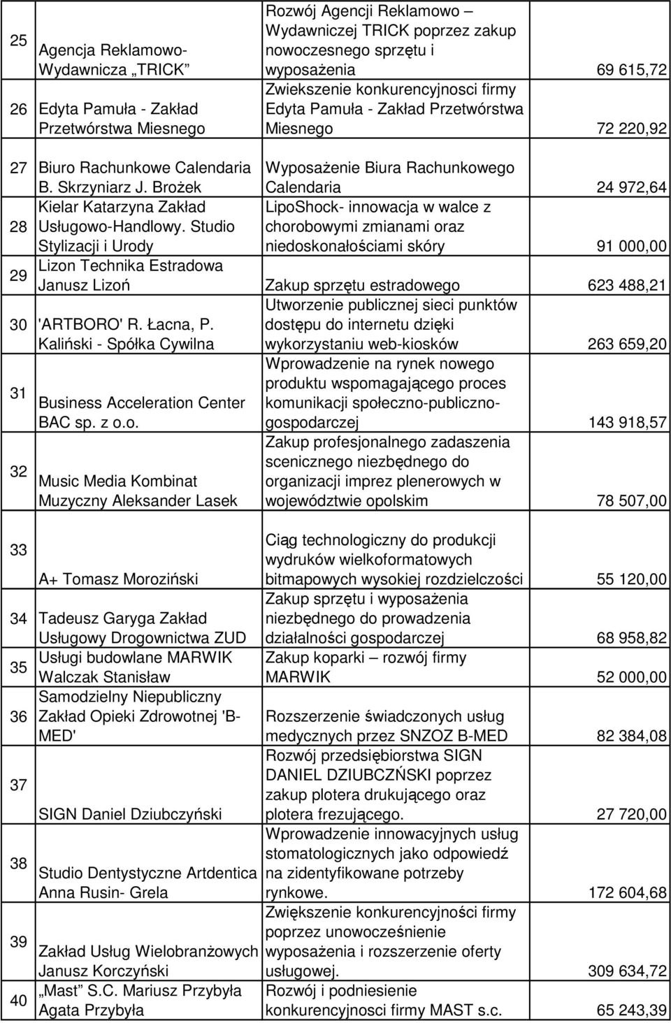 BroŜek WyposaŜenie Biura Rachunkowego Calendaria 24 972,64 Kielar Katarzyna Zakład LipoShock- innowacja w walce z 28 Usługowo-Handlowy.