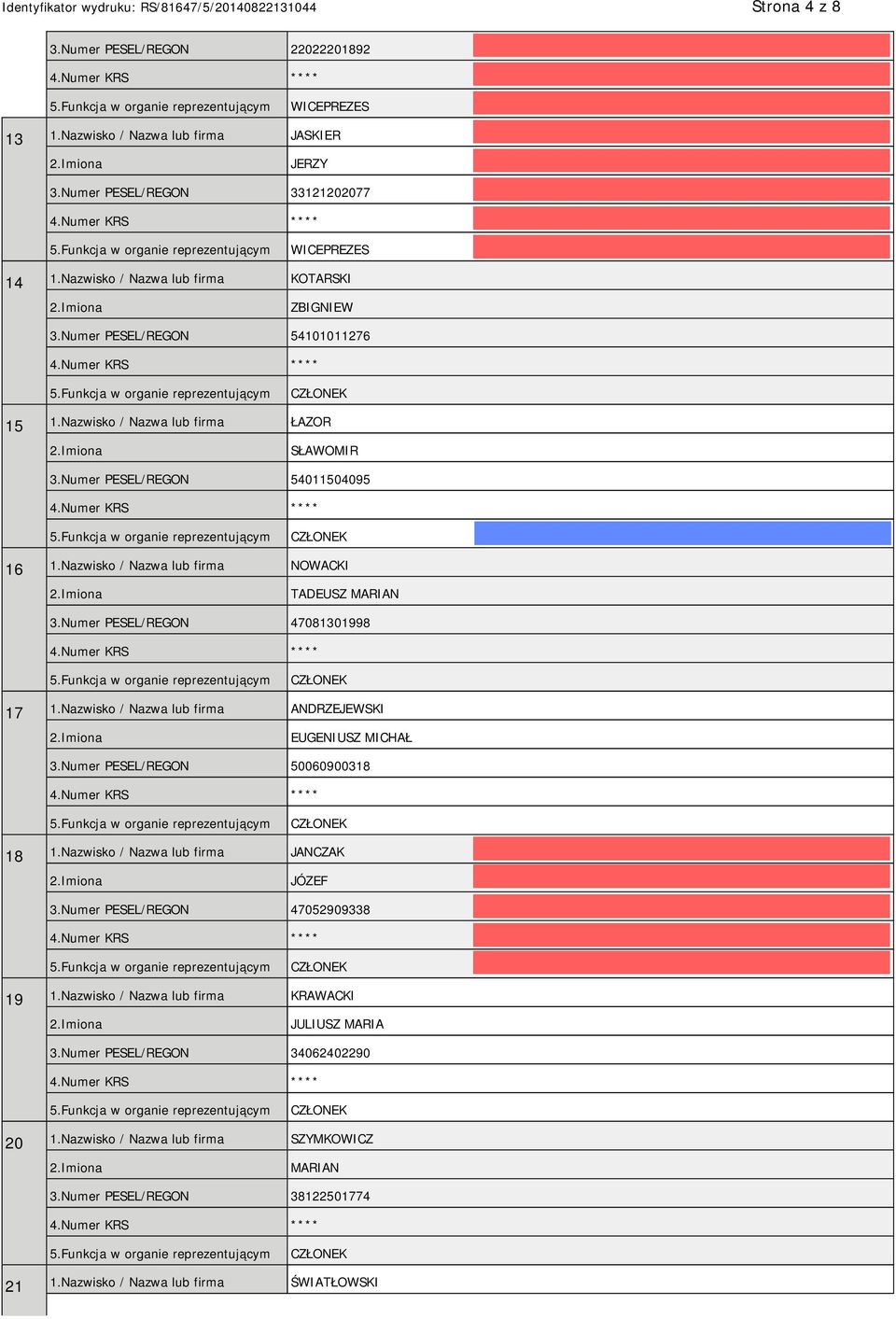 Nazwisko / Nazwa lub firma NOWACKI TADEUSZ MARIAN 3.Numer PESEL/REGON 47081301998 17 1.Nazwisko / Nazwa lub firma ANDRZEJEWSKI EUGENIUSZ MICHAŁ 3.Numer PESEL/REGON 50060900318 18 1.