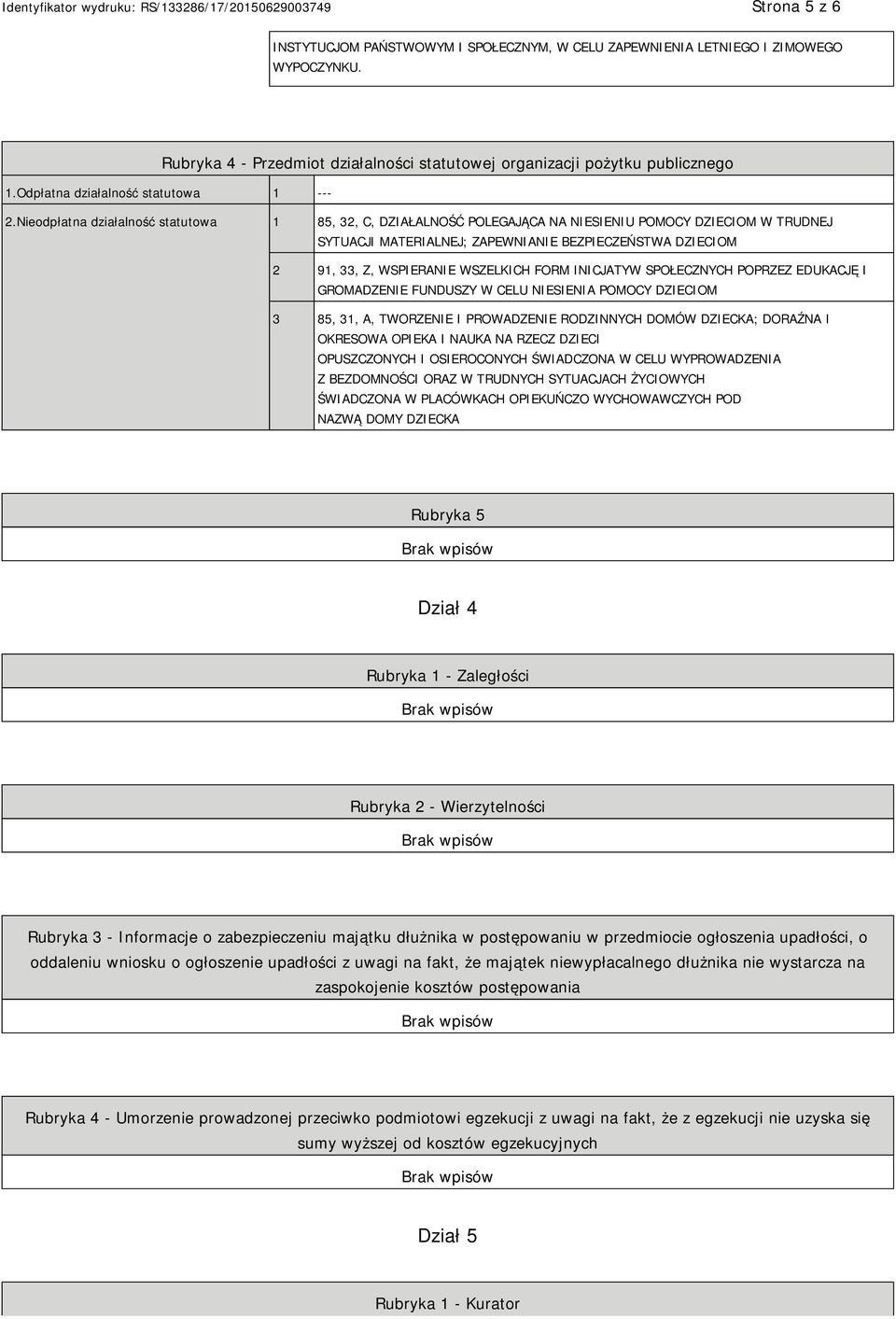 Nieodpłatna działalność statutowa 1 85, 32, C, DZIAŁALNOŚĆ POLEGAJĄCA NA NIESIENIU POMOCY DZIECIOM W TRUDNEJ SYTUACJI MATERIALNEJ; ZAPEWNIANIE BEZPIECZEŃSTWA DZIECIOM 2 91, 33, Z, WSPIERANIE