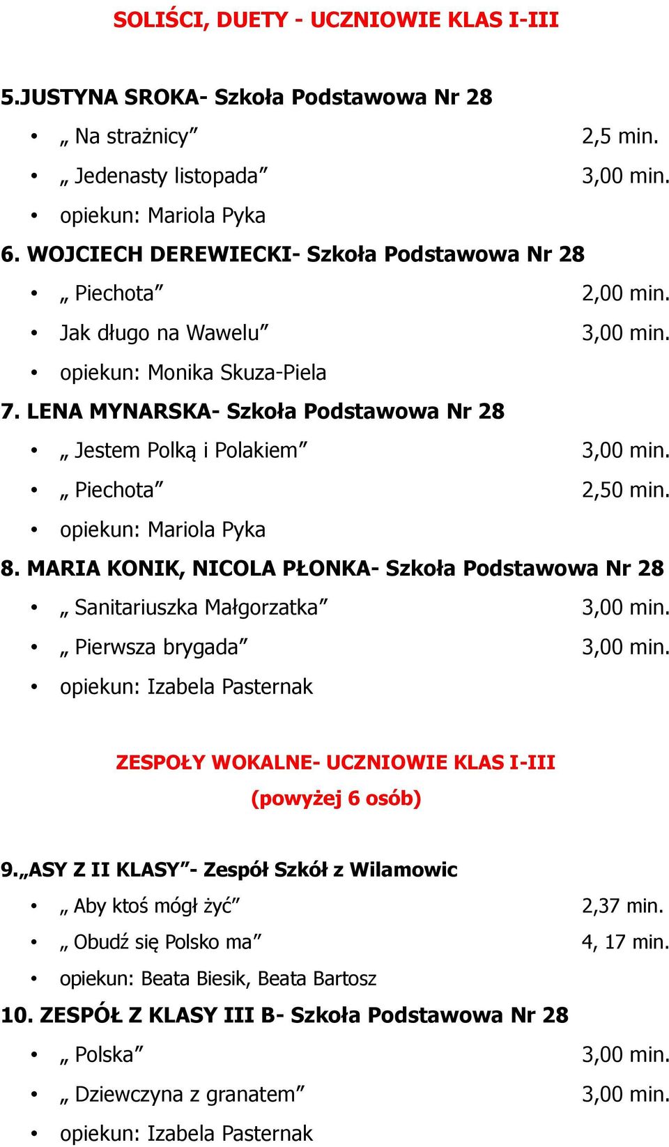 Piechota 2,50 min. opiekun: Mariola Pyka 8. MARIA KONIK, NICOLA PŁONKA- Szkoła Podstawowa Nr 28 Sanitariuszka Małgorzatka 3,00 min. Pierwsza brygada 3,00 min.