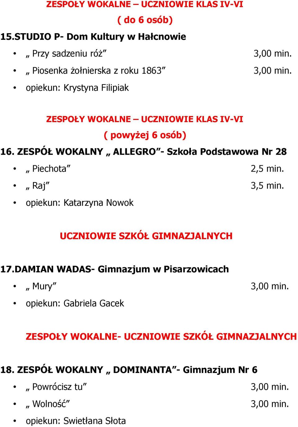 ZESPÓŁ WOKALNY ALLEGRO - Szkoła Podstawowa Nr 28 Piechota 2,5 min. Raj 3,5 min. opiekun: Katarzyna Nowok UCZNIOWIE SZKÓŁ GIMNAZJALNYCH 17.