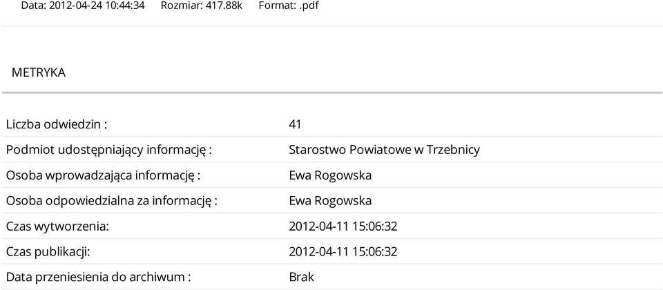 informację : Osoba odpowiedzialna za informację : Starostwo Powiatowe w Trzebnicy Ewa