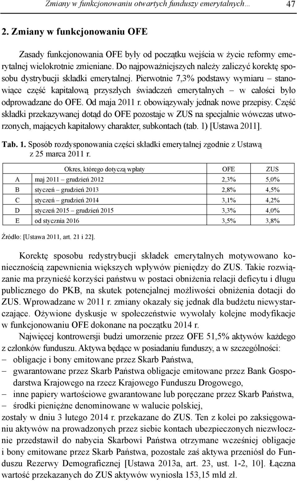 Pierwotnie 7,3% podstawy wymiaru stanowiące część kapitałową przyszłych świadczeń emerytalnych w całości było odprowadzane do OFE. Od maja 2011 r. obowiązywały jednak nowe przepisy.