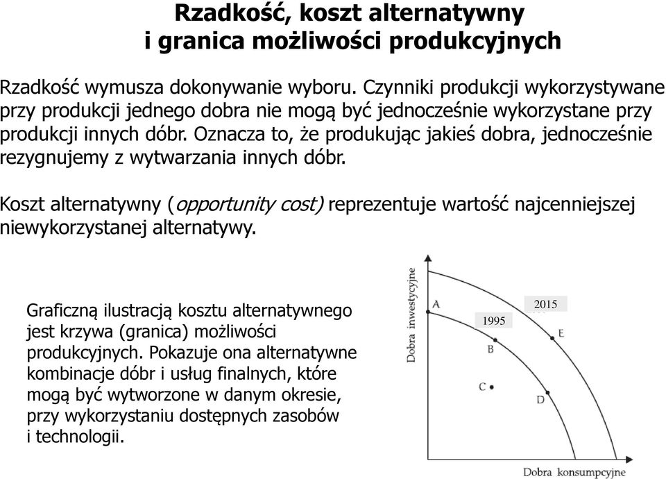 Oznacza to, że produkując jakieś dobra, jednocześnie rezygnujemy z wytwarzania innych dóbr.