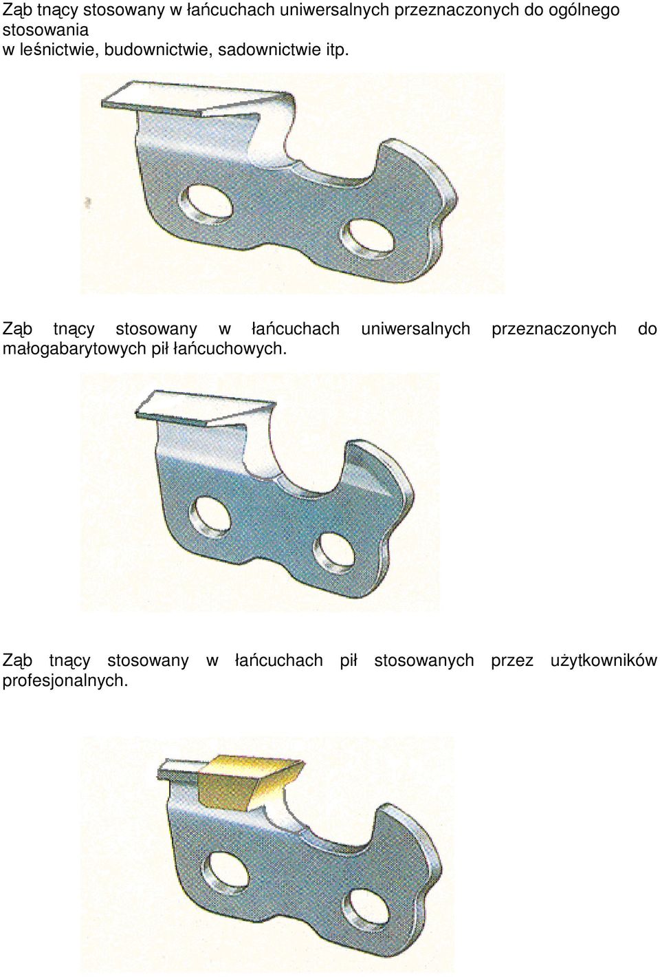 Ząb tnący stosowany w łańcuchach uniwersalnych przeznaczonych do